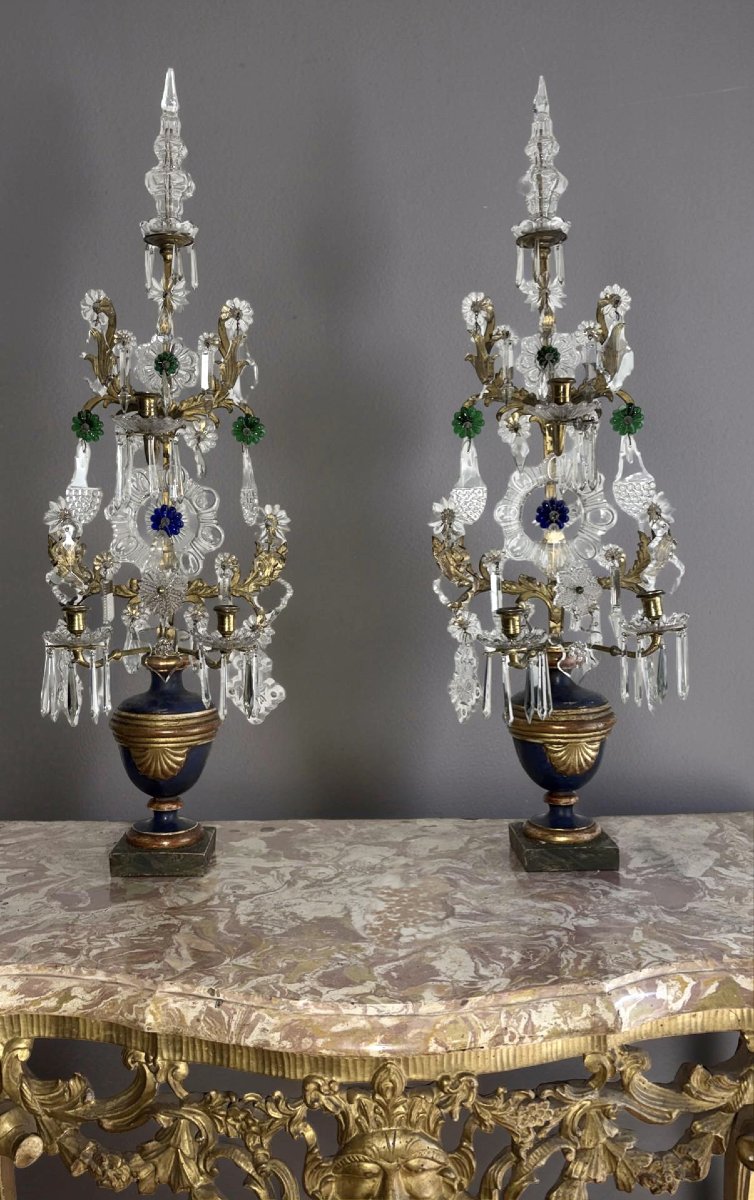 Imponente Coppia di Candelabri a Girandola Luigi XVI Cristallo Bronzo Dorato-photo-3