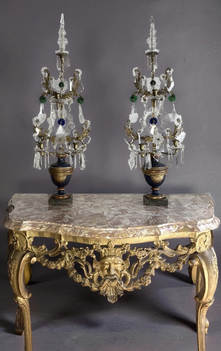 Imponente Coppia di Candelabri a Girandola Luigi XVI Cristallo Bronzo Dorato