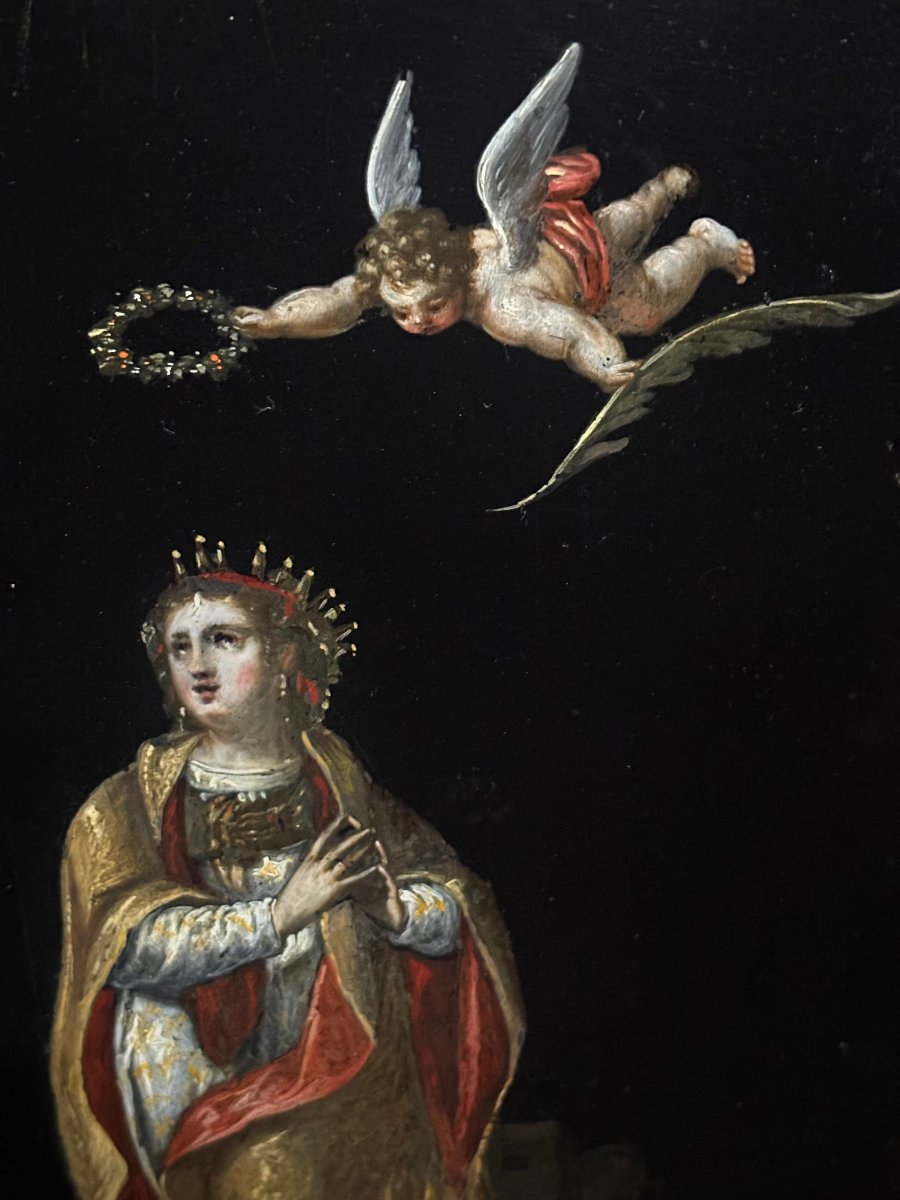 Dipinto su Ardesia Scuola Veronese del XVII secolo Santa Caterina d'Alessandria-photo-4