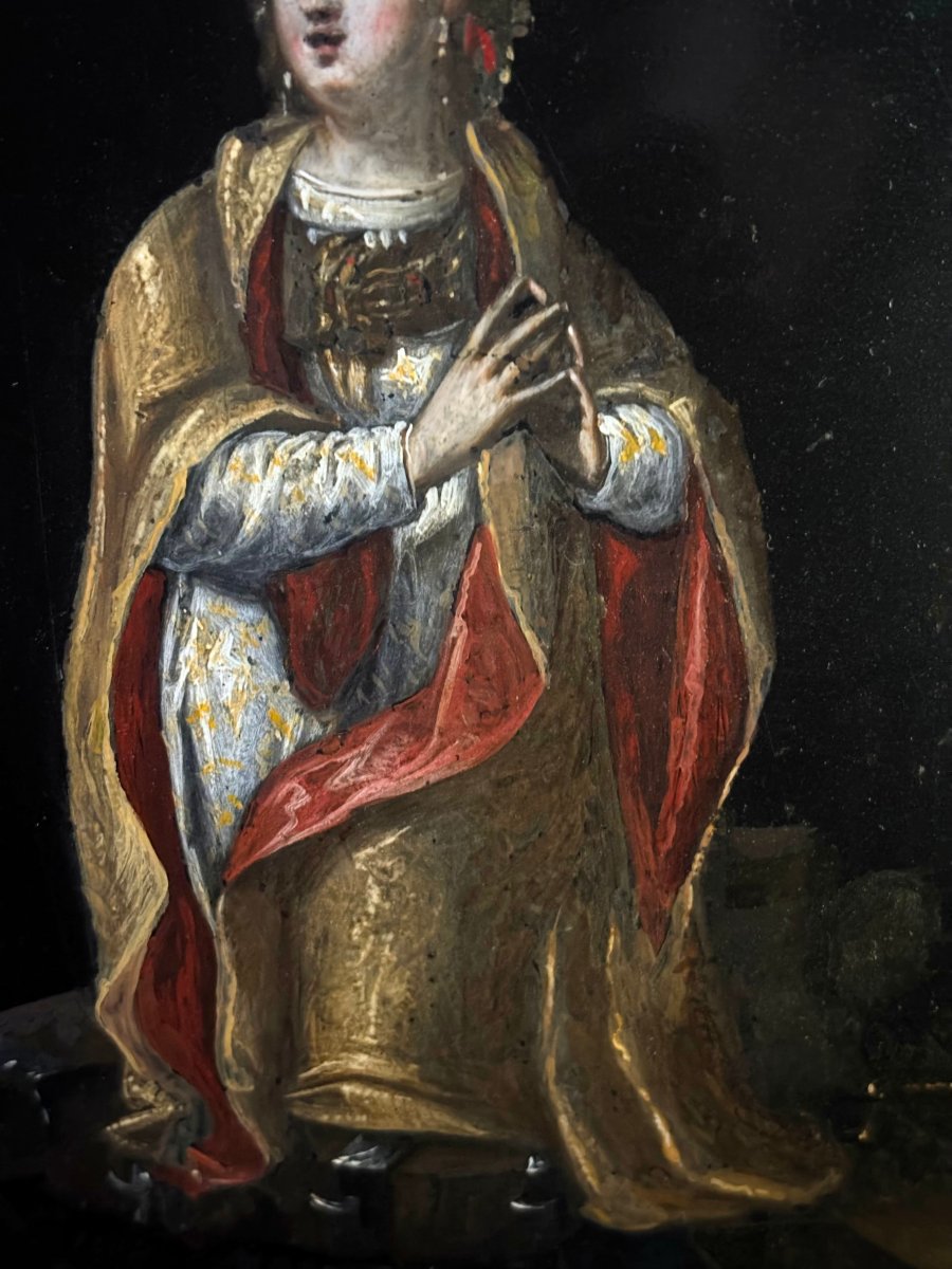Dipinto su Ardesia Scuola Veronese del XVII secolo Santa Caterina d'Alessandria-photo-2