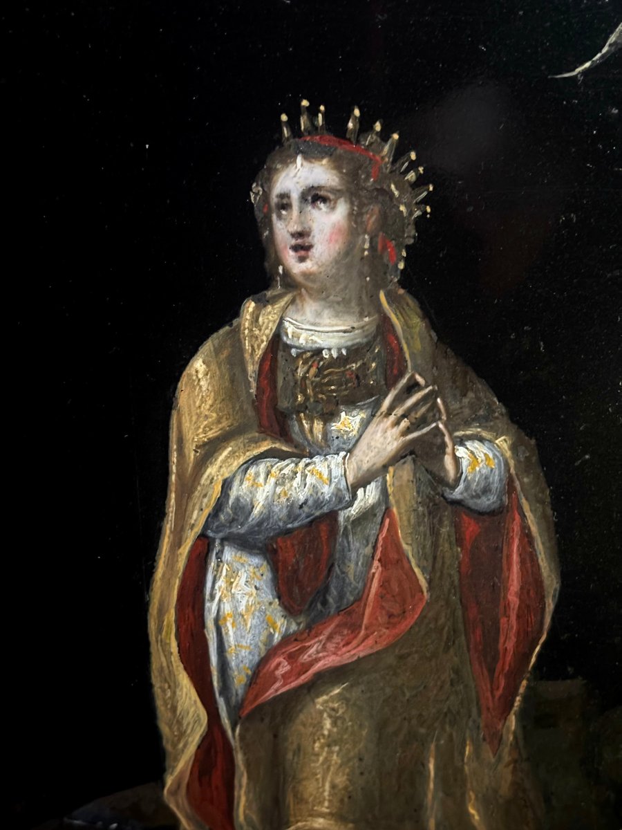 Dipinto su Ardesia Scuola Veronese del XVII secolo Santa Caterina d'Alessandria-photo-4