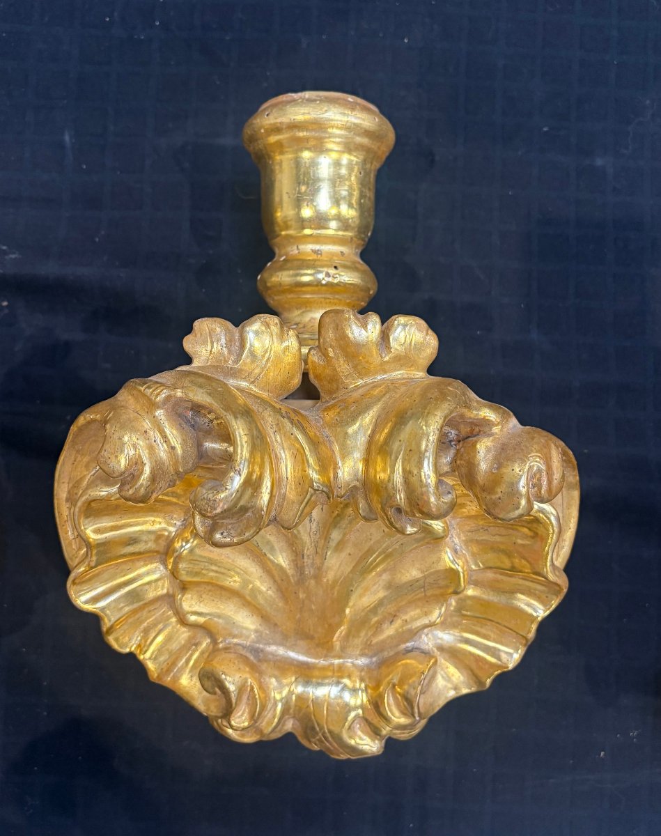 Coppia di Mensole Barocche con Portacero  Legno Dorato XVIII secolo-photo-4