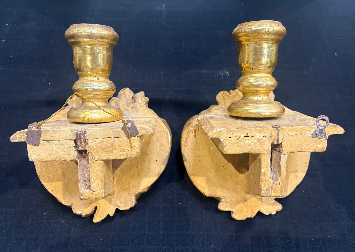 Coppia di Mensole Barocche con Portacero  Legno Dorato XVIII secolo-photo-4