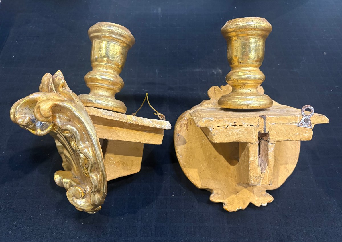 Coppia di Mensole Barocche con Portacero  Legno Dorato XVIII secolo-photo-5