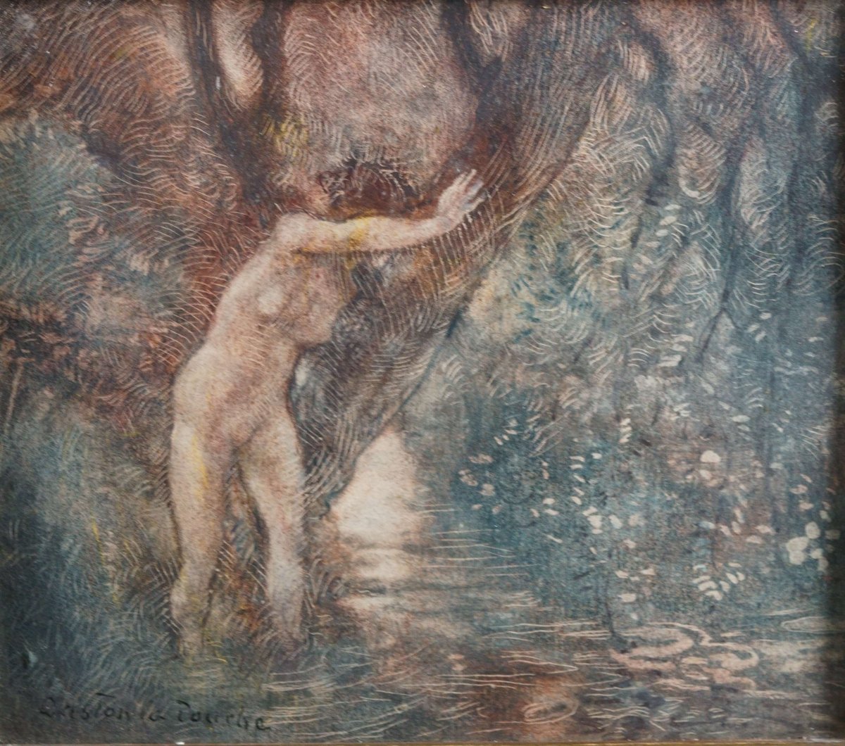 Gaston La Touche (1854-1913) "Ninfa nella foresta" Acquerello 