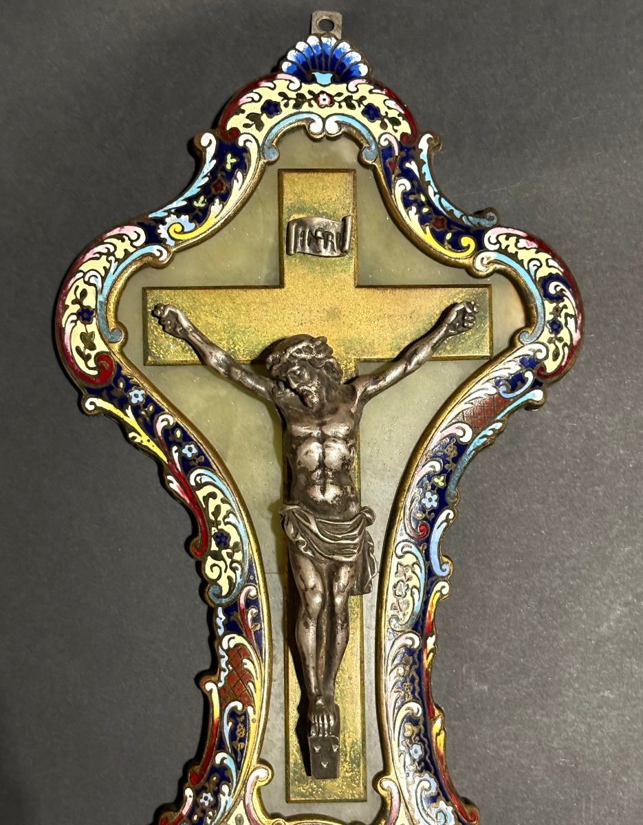 Acquasantiera con Cristo in Argento e Smalti Champlevé XIX secolo-photo-2