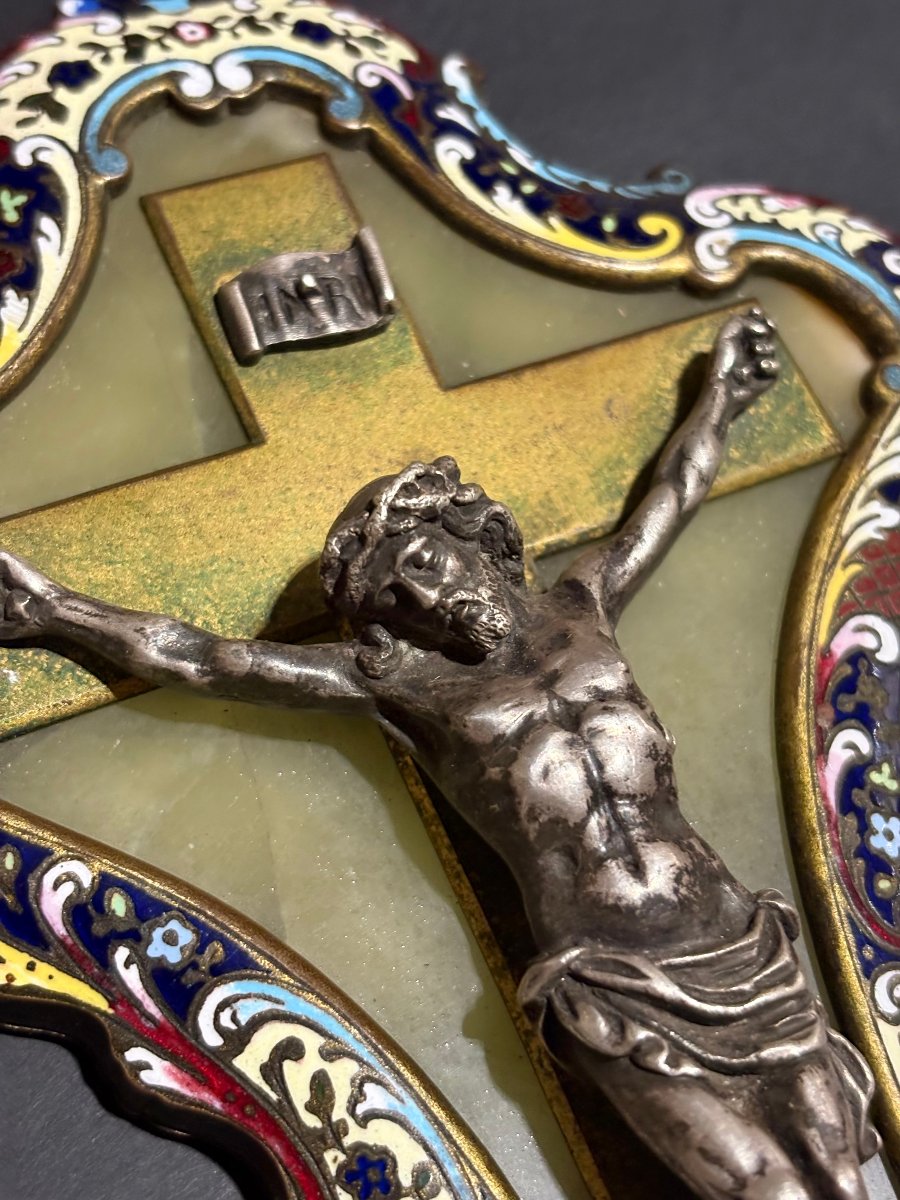 Acquasantiera con Cristo in Argento e Smalti Champlevé XIX secolo-photo-3