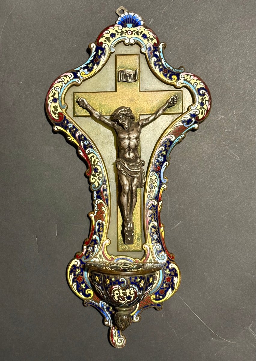 Acquasantiera con Cristo in Argento e Smalti Champlevé XIX secolo-photo-6
