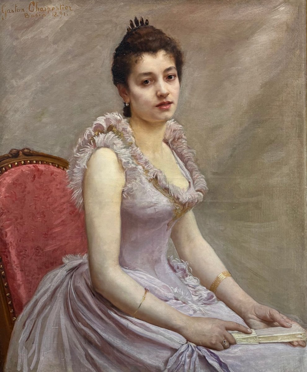 Gaston CHARPENTIER-BOSIO (1858-1923) Grande "Ritratto di Ragazza con Ventaglio" -photo-4