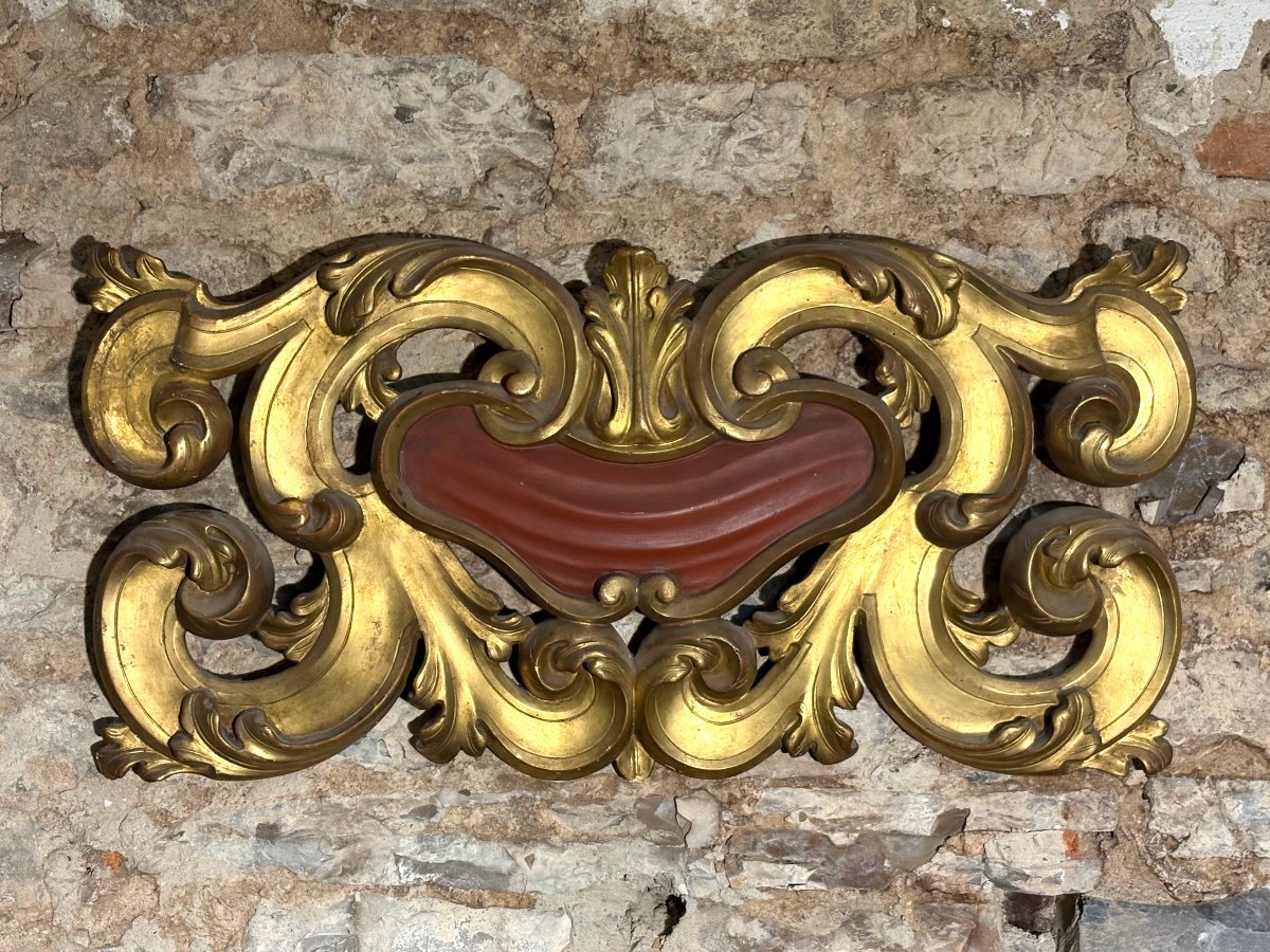 Grande Cartiglio Sovraporta Barocco Legno Dorato Italia XVIII