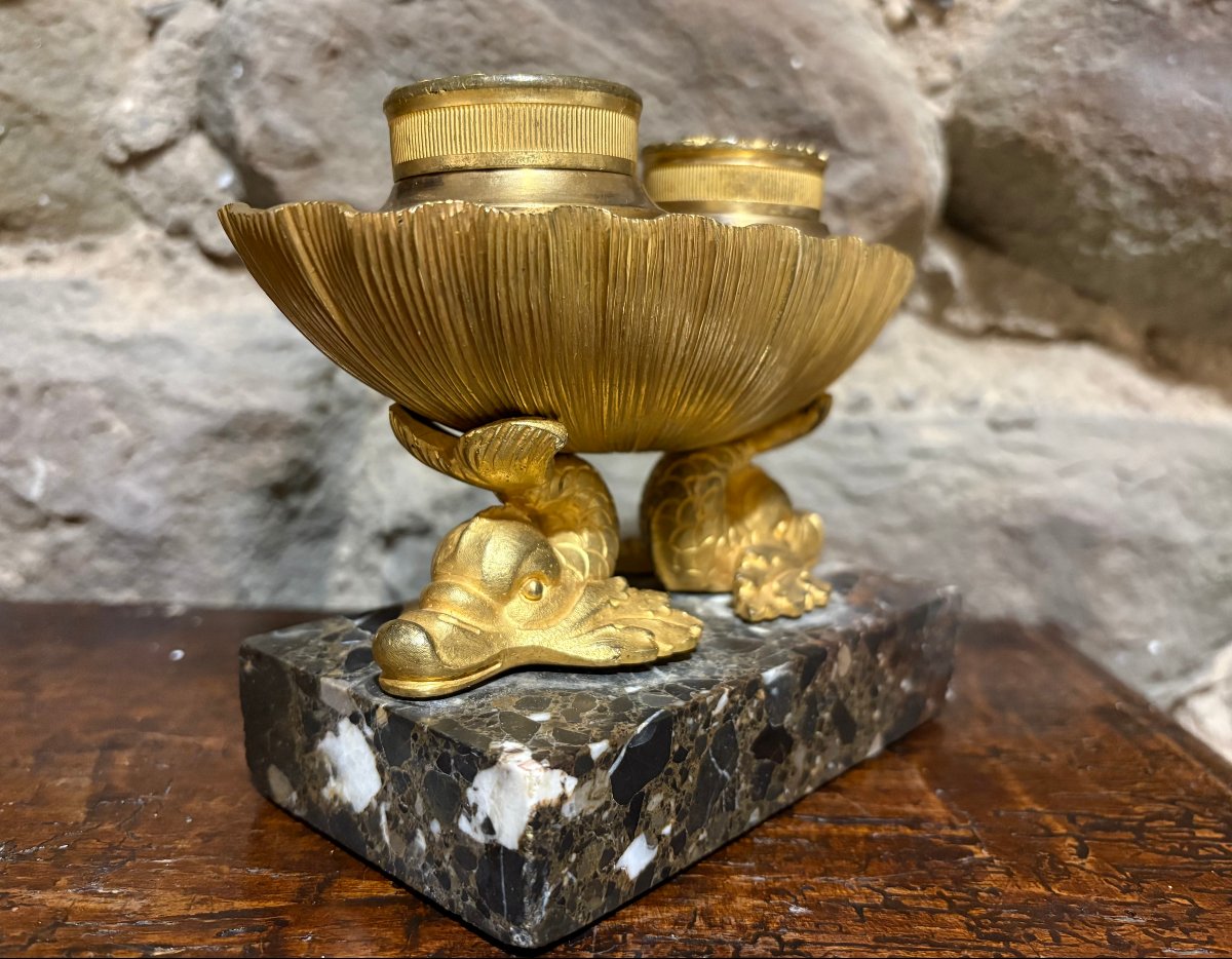 Calamaio Impero a Navicella Bronzo Dorato Ormolu inizi XIX secolo-photo-3