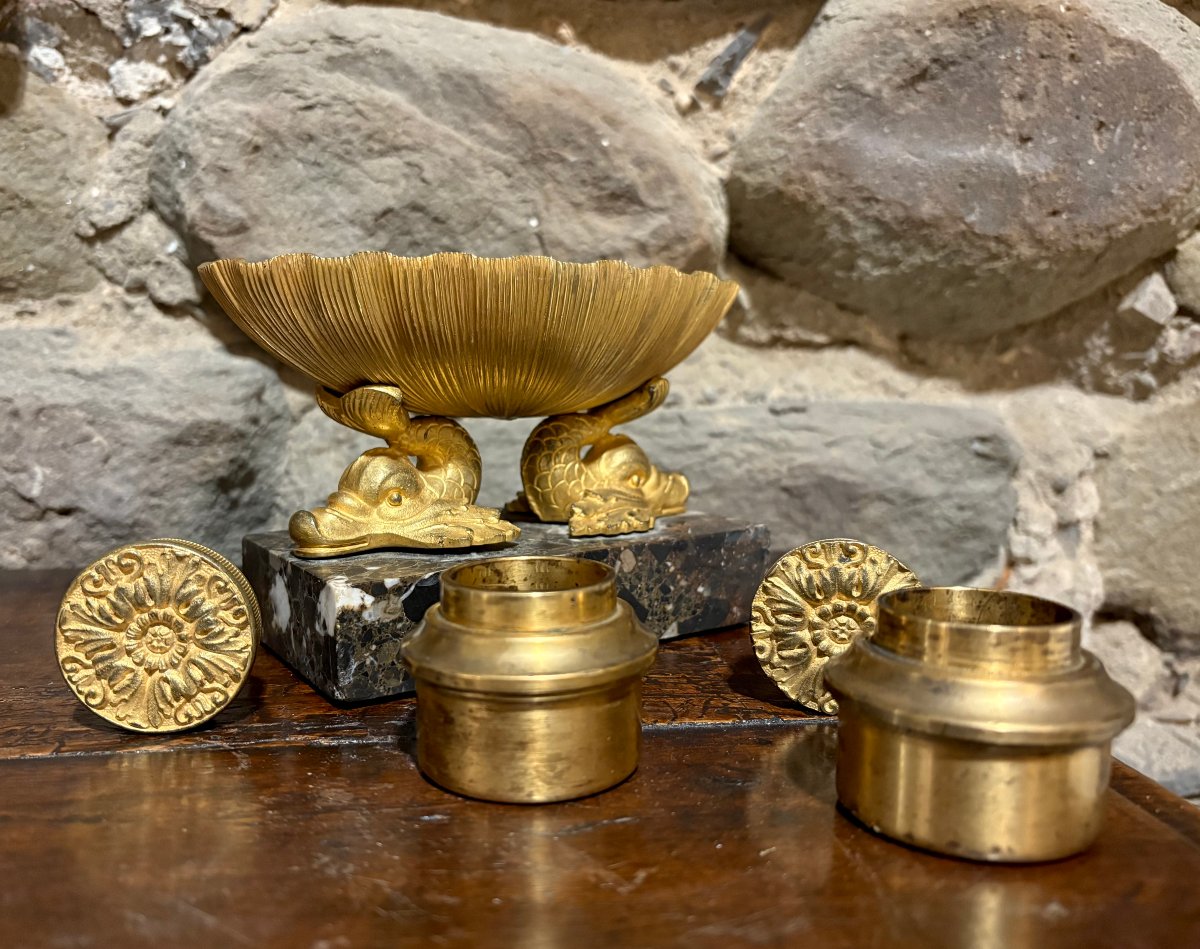 Calamaio Impero a Navicella Bronzo Dorato Ormolu inizi XIX secolo-photo-3