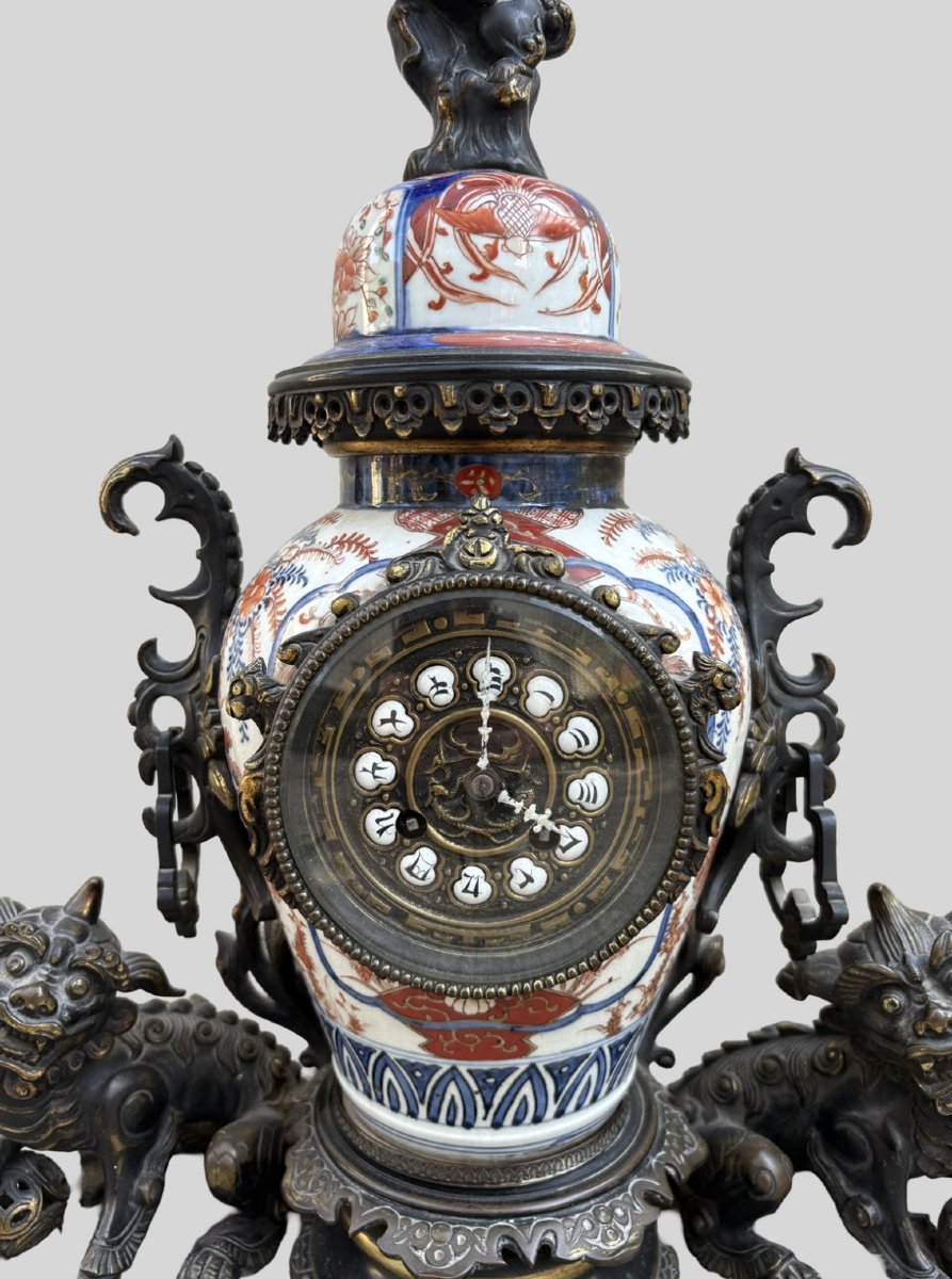 Imponente Orologio Napoleone III Bronzo e Porcellana Imari XIX secolo-photo-3