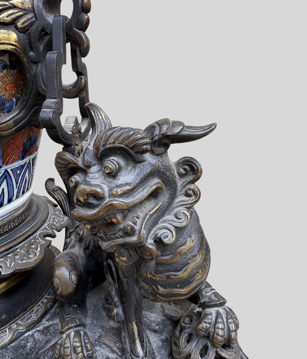 Imponente Orologio Napoleone III Bronzo e Porcellana Imari XIX secolo-photo-3