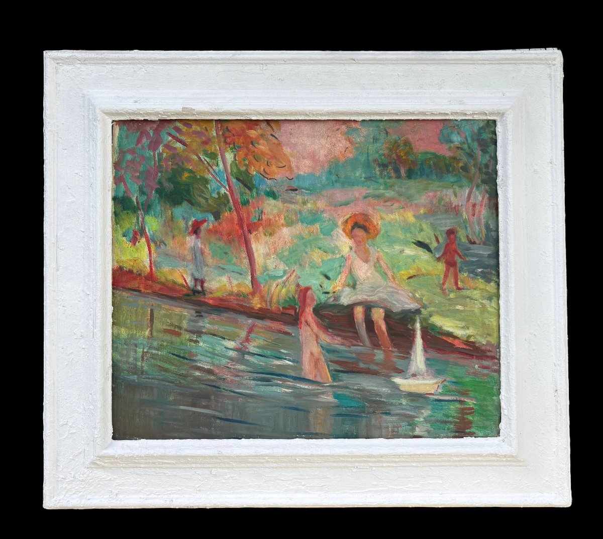 Scuola Francese Post-impressionista "Figure sul fiume" inizi XX secolo-photo-2