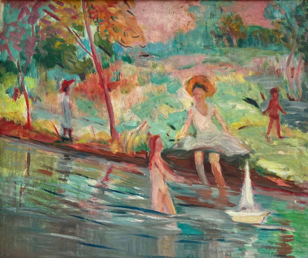 Scuola Francese Post-impressionista "Figure sul fiume" inizi XX secolo