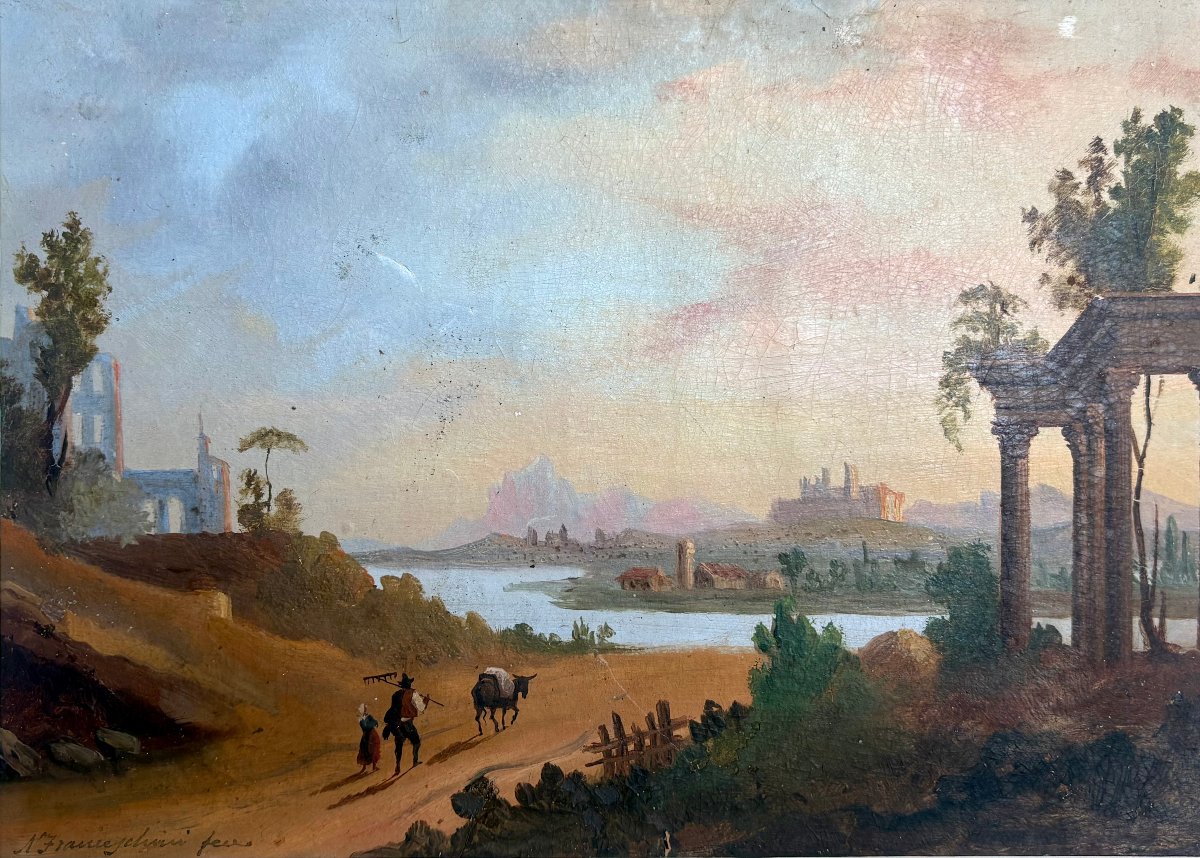 Scuola di Posillipo Olio su Carta Veduta Napoletana  firmato Franceschini-photo-2