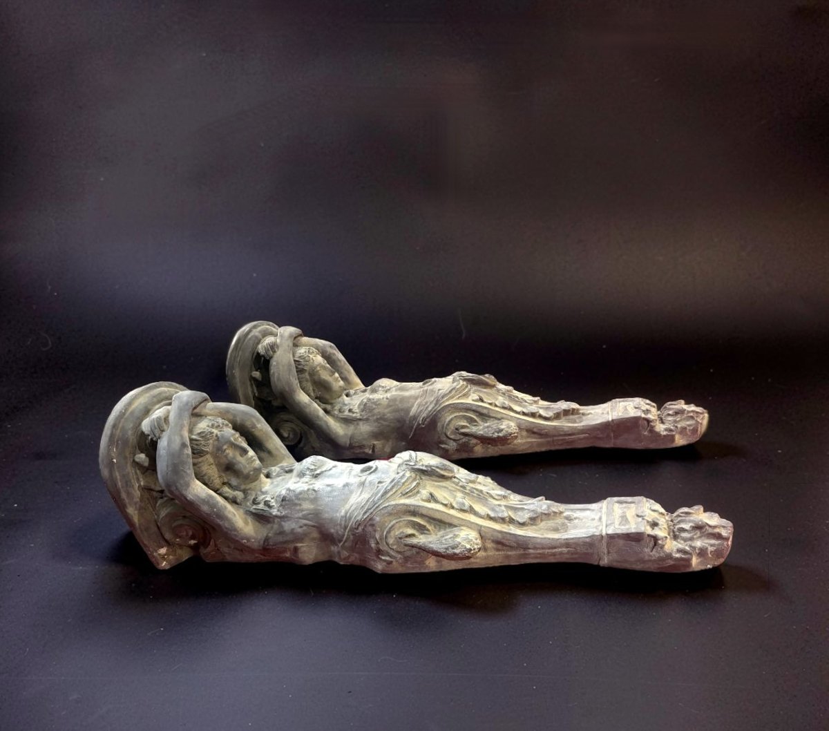 Coppia di Grandi Cariatidi Lacca Grigia Consolles Mensole XX secolo-photo-1