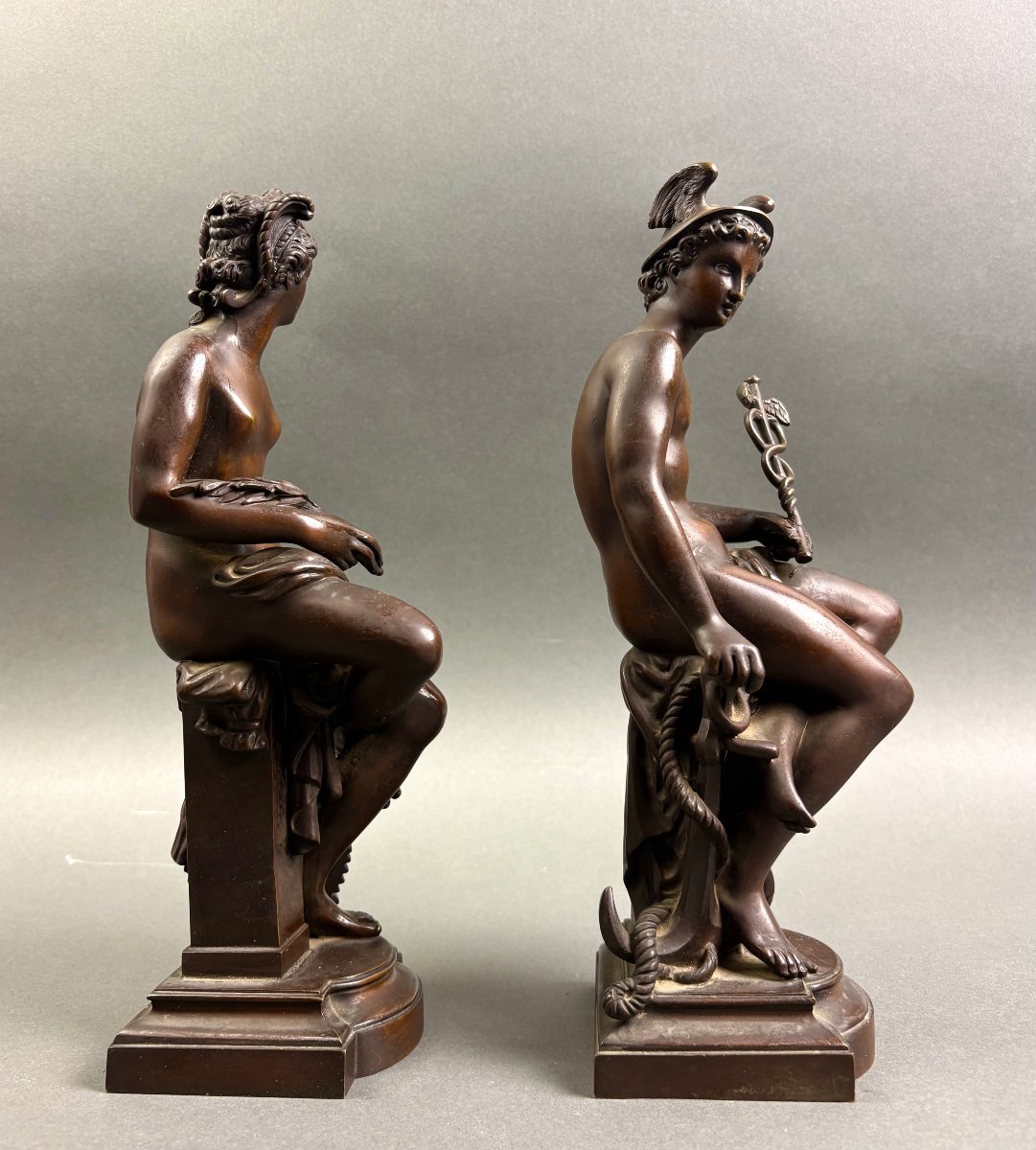 Coppia di Sculture Neoclassiche in Bronzo Patinato Tardo Grand Tour XIX secolo-photo-4
