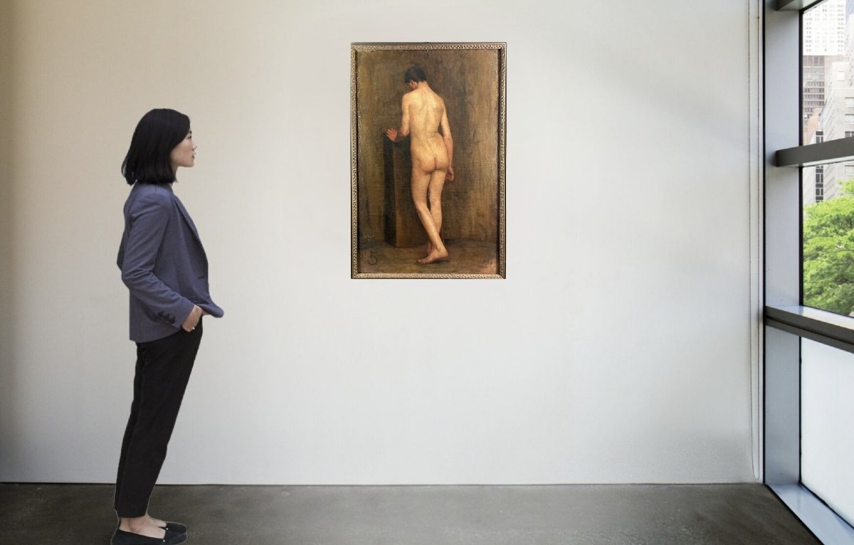 Grande Nudo Maschile di Accademia Olio su Tela Fine 800 Primi 900-photo-2