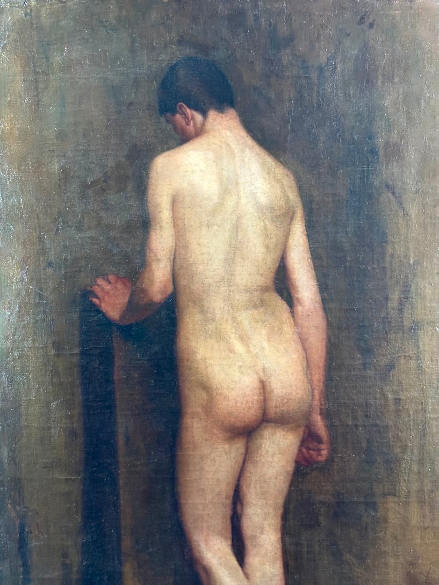 Grande Nudo Maschile di Accademia Olio su Tela Fine 800 Primi 900-photo-3