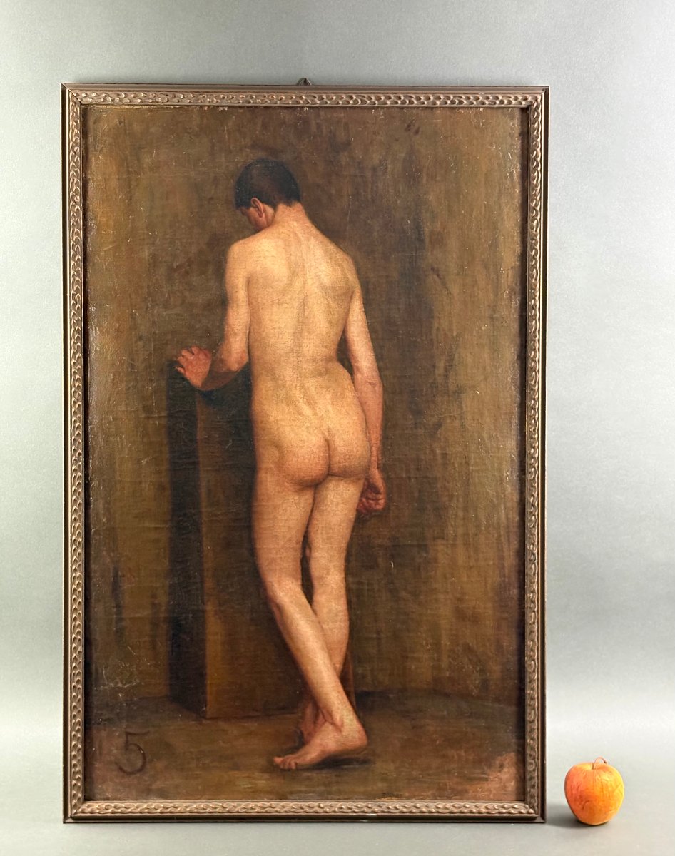 Grande Nudo Maschile di Accademia Olio su Tela Fine 800 Primi 900-photo-4
