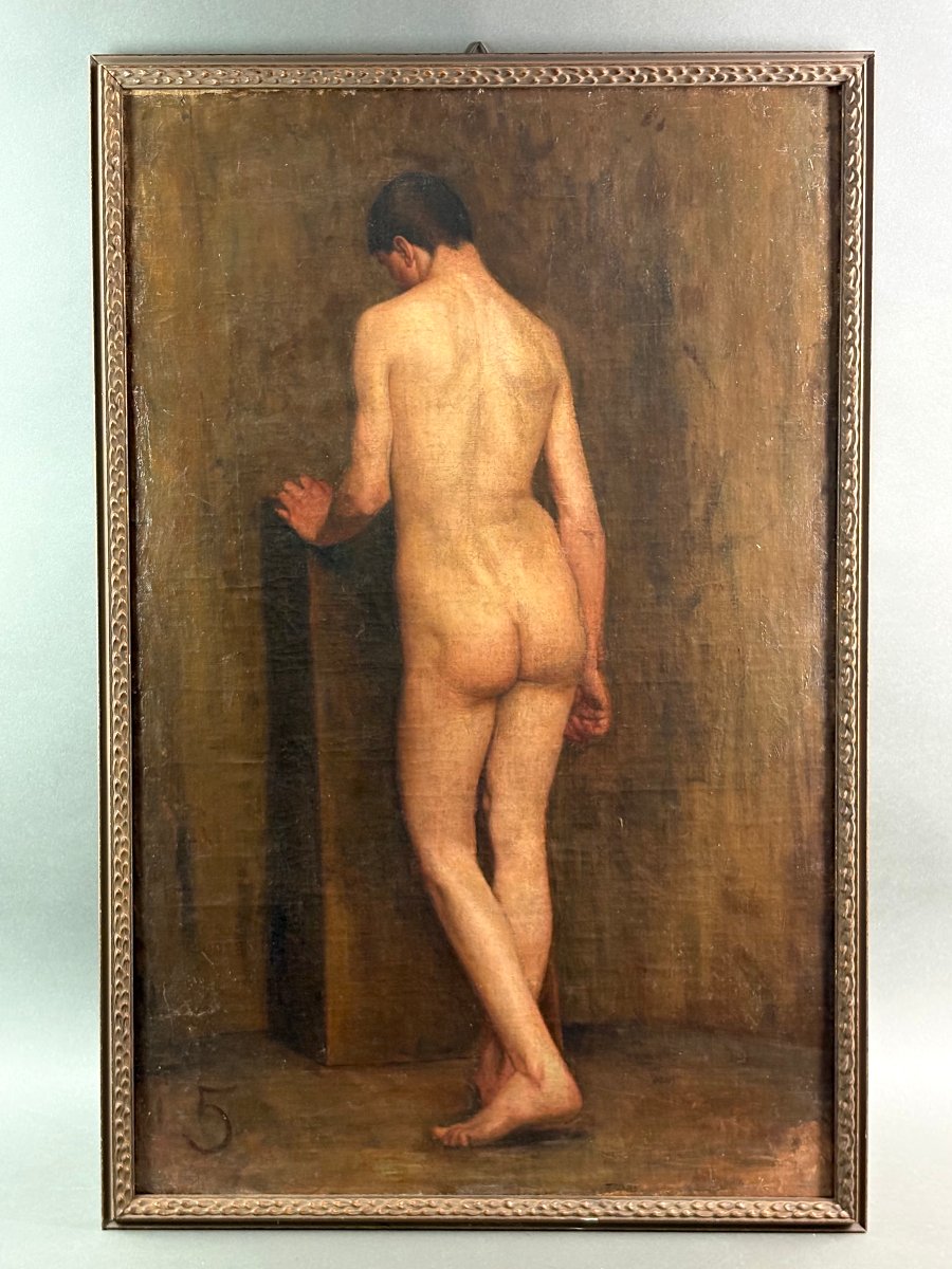 Grande Nudo Maschile di Accademia Olio su Tela Fine 800 Primi 900