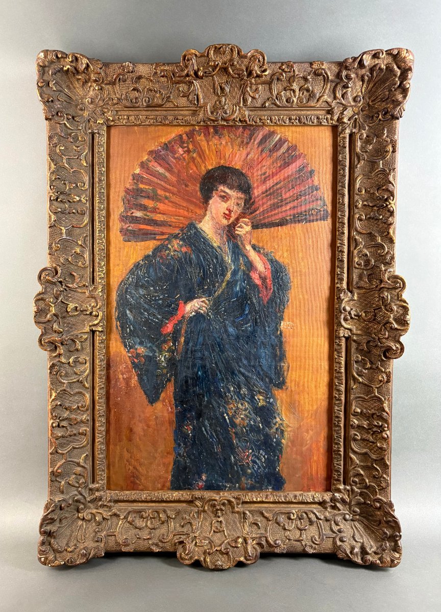 Grande Ritratto di Elegante in Kimono Blu Scuola Francese Giapponismo XIX secolo-photo-2