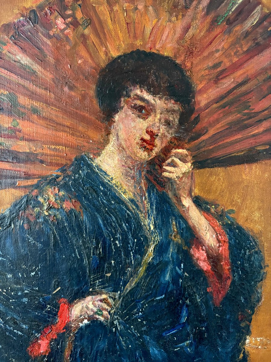 Grande Ritratto di Elegante in Kimono Blu Scuola Francese Giapponismo XIX secolo-photo-1