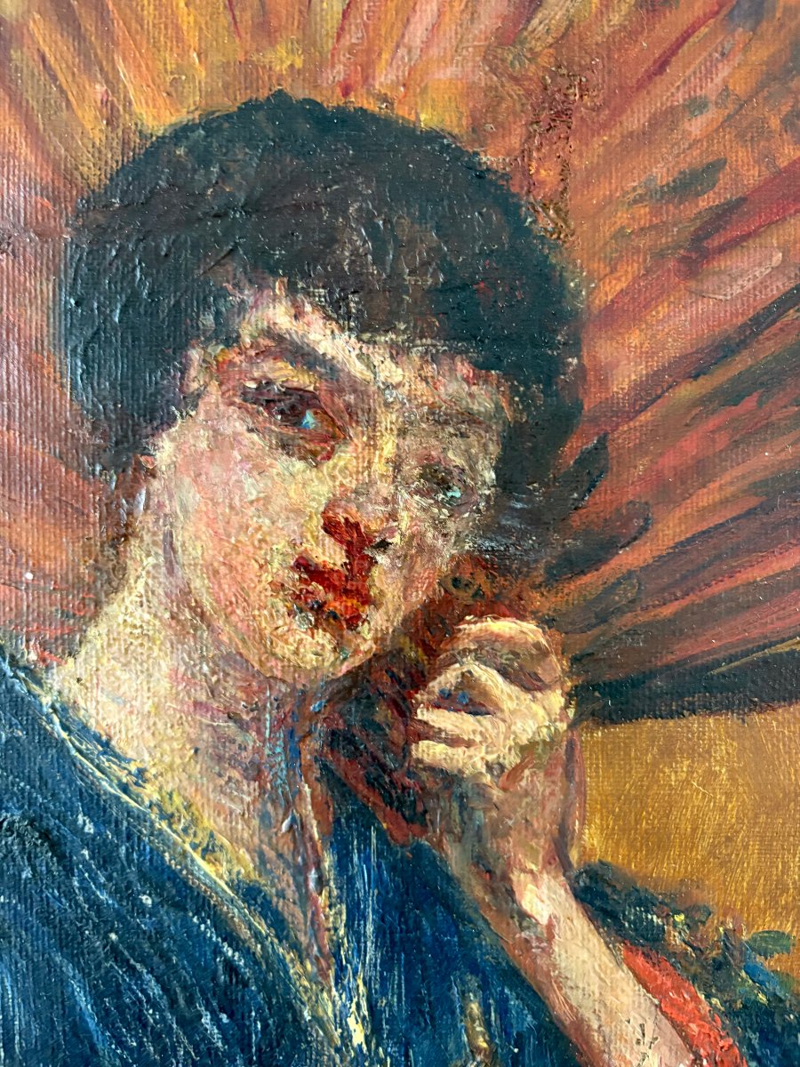 Grande Ritratto di Elegante in Kimono Blu Scuola Francese Giapponismo XIX secolo-photo-4