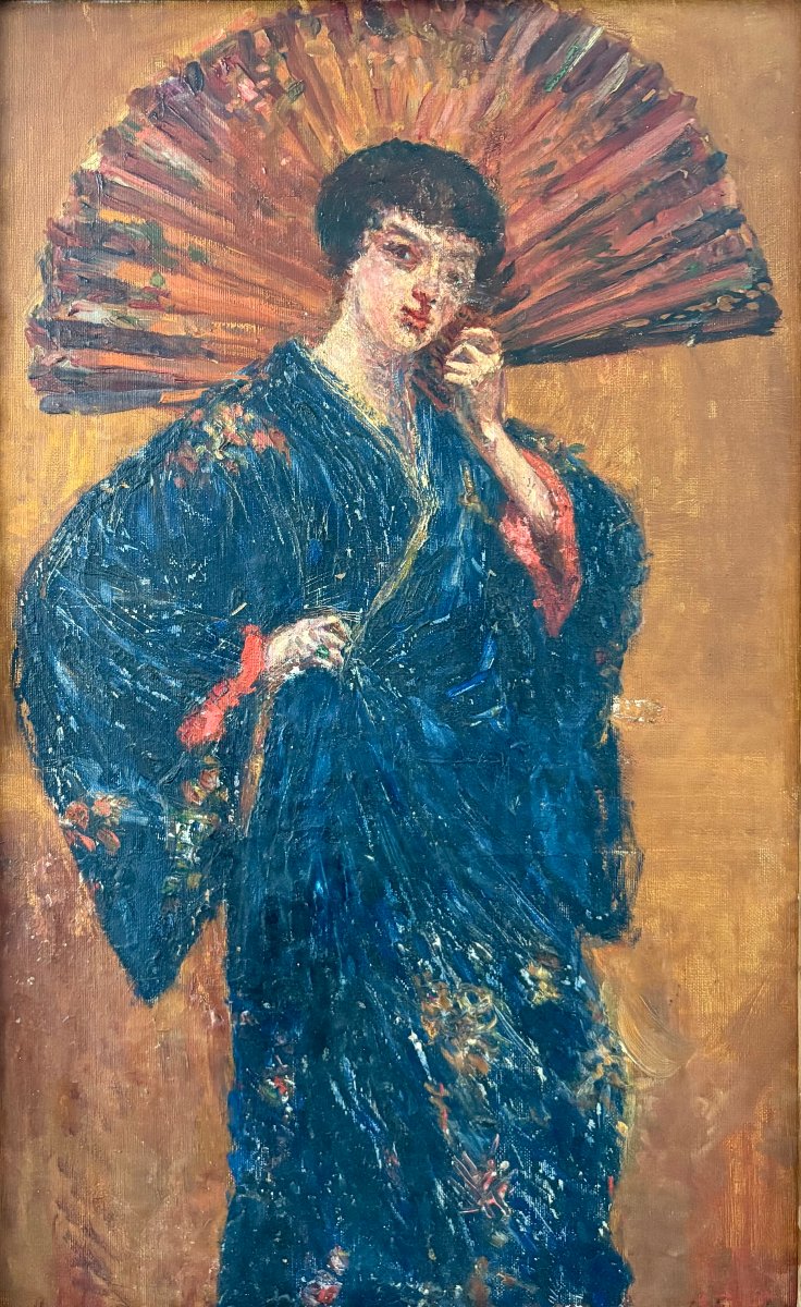 Grande Ritratto di Elegante in Kimono Blu Scuola Francese Giapponismo XIX secolo