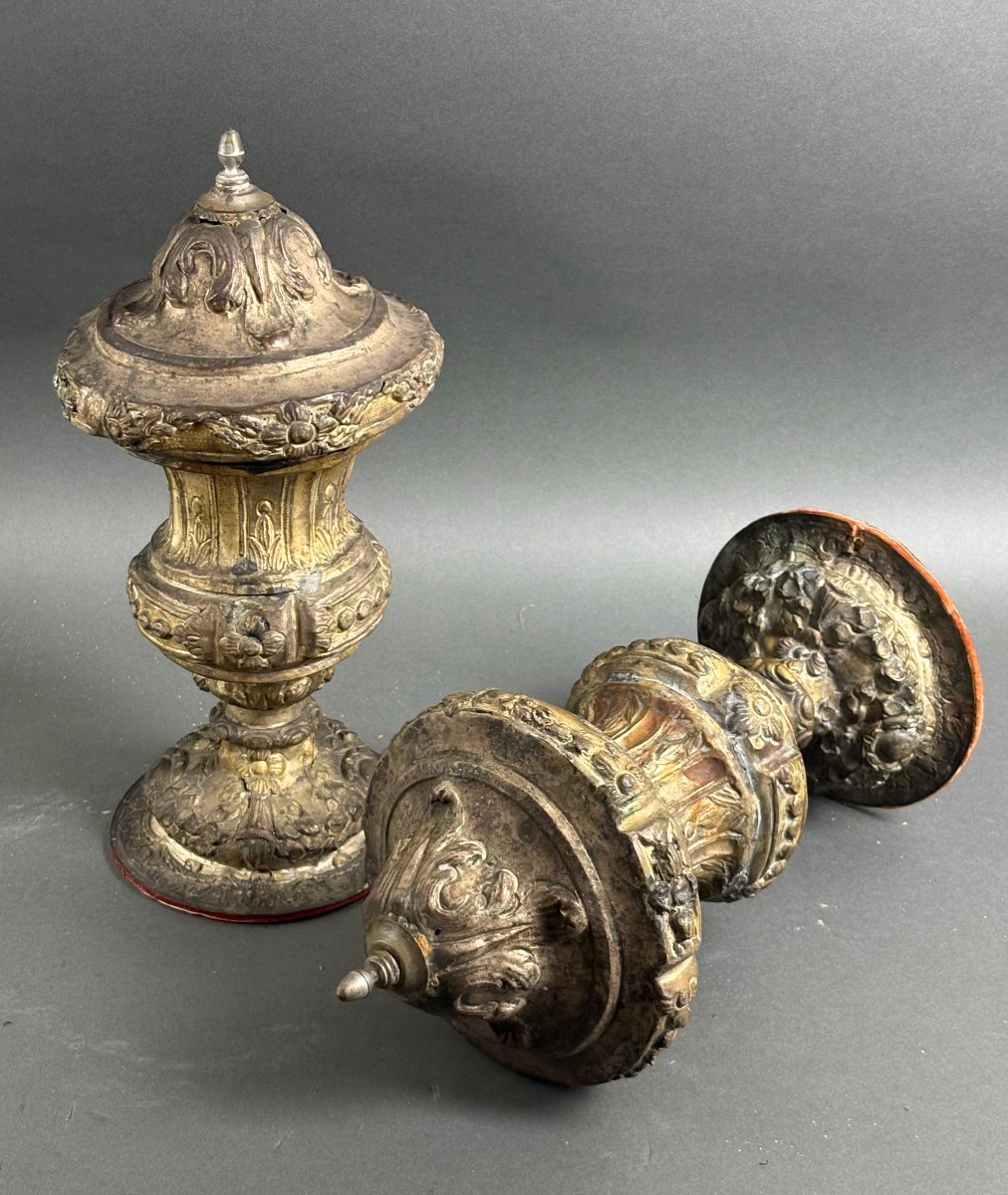Coppia di Grande Vasi Barocchi da Altare Metallo Argentato XVIII secolo-photo-4