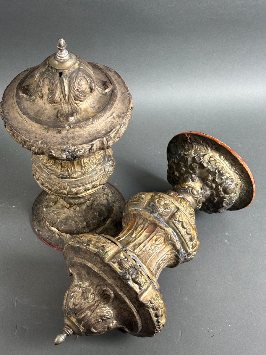 Coppia di Grande Vasi Barocchi da Altare Metallo Argentato XVIII secolo-photo-5