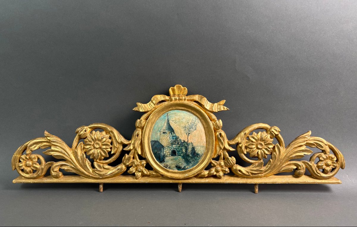 Grande Fregio Sovraporta in Legno Dorato Medaglione Italia metà XIX