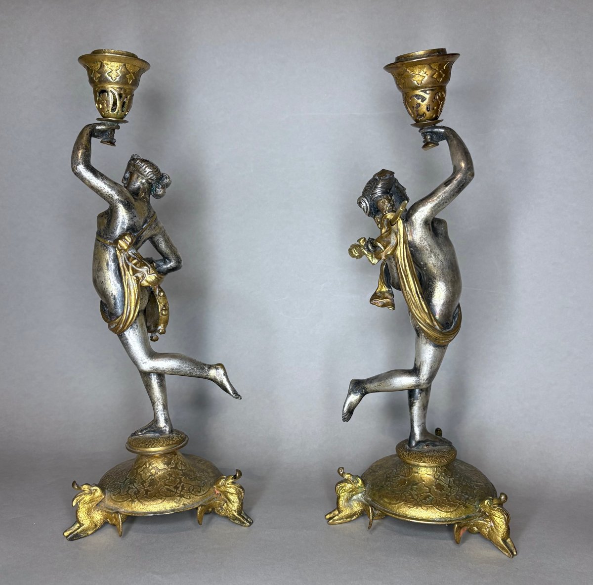 Alfres Daubrée (1817-1885) Coppia di Candelieri Bronzo Argentato e Dorato -photo-2