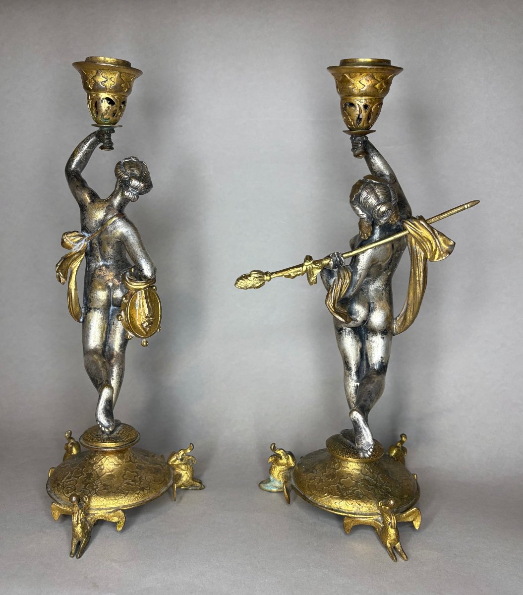 Alfres Daubrée (1817-1885) Coppia di Candelieri Bronzo Argentato e Dorato -photo-3