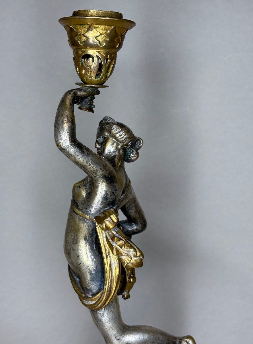 Alfres Daubrée (1817-1885) Coppia di Candelieri Bronzo Argentato e Dorato -photo-4