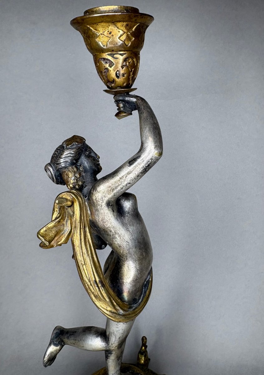 Alfres Daubrée (1817-1885) Coppia di Candelieri Bronzo Argentato e Dorato -photo-1