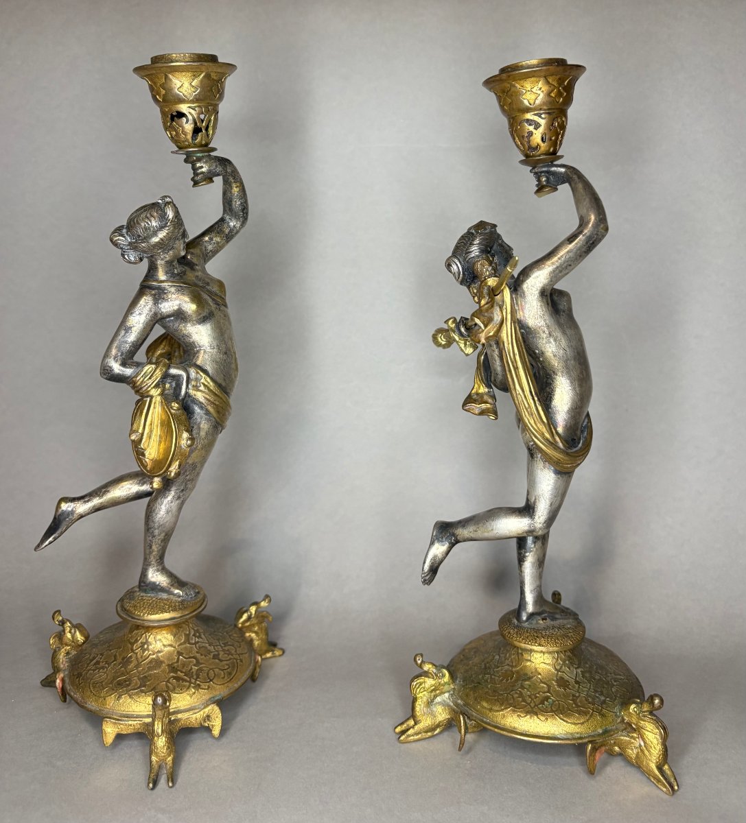 Alfres Daubrée (1817-1885) Coppia di Candelieri Bronzo Argentato e Dorato -photo-2