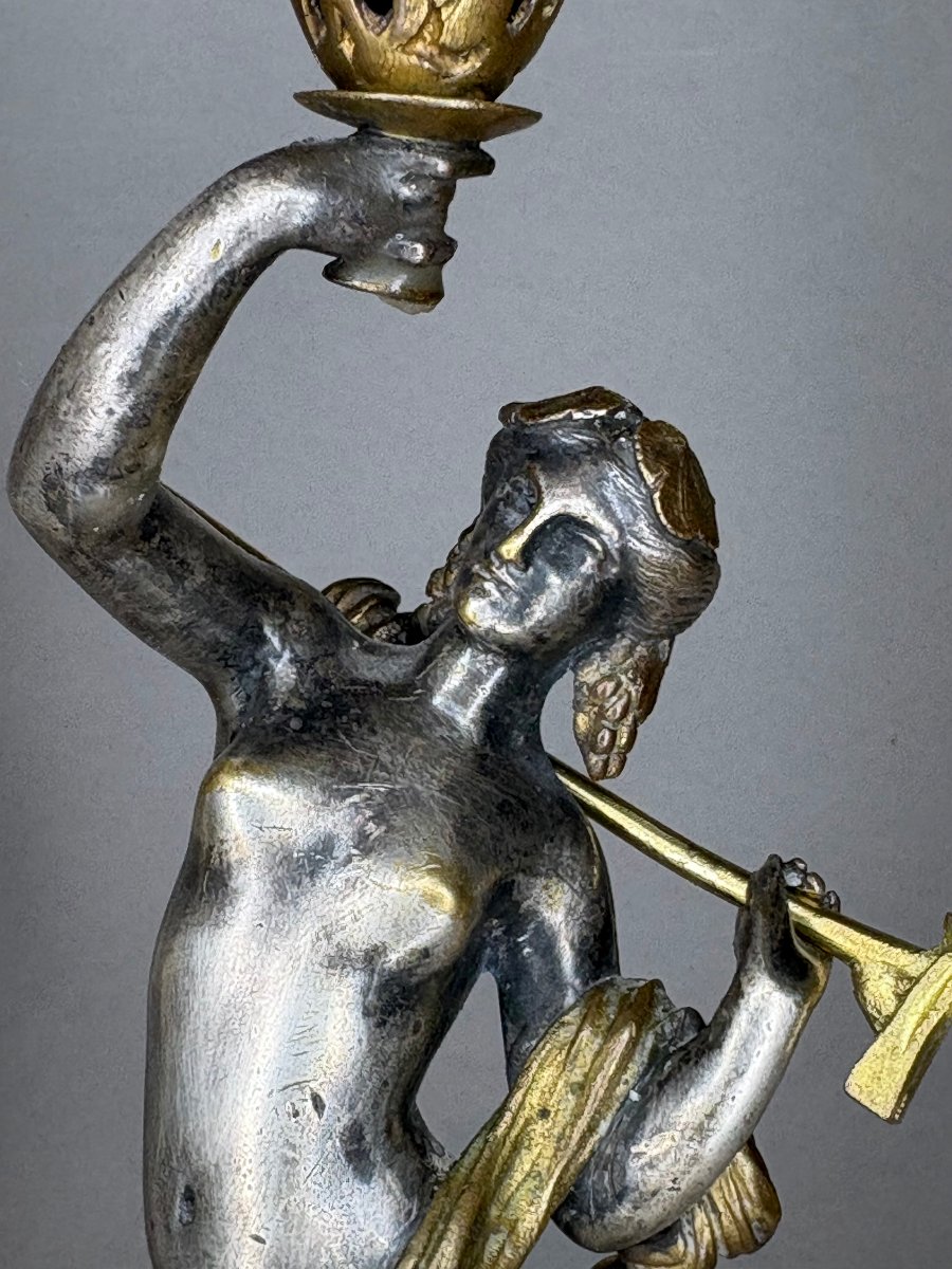 Alfres Daubrée (1817-1885) Coppia di Candelieri Bronzo Argentato e Dorato -photo-3