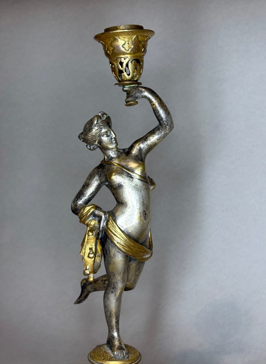 Alfres Daubrée (1817-1885) Coppia di Candelieri Bronzo Argentato e Dorato -photo-6