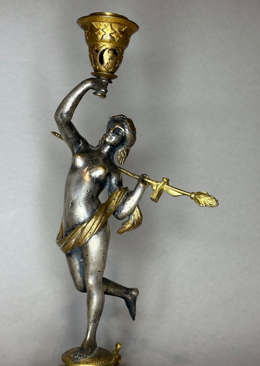 Alfres Daubrée (1817-1885) Coppia di Candelieri Bronzo Argentato e Dorato -photo-7