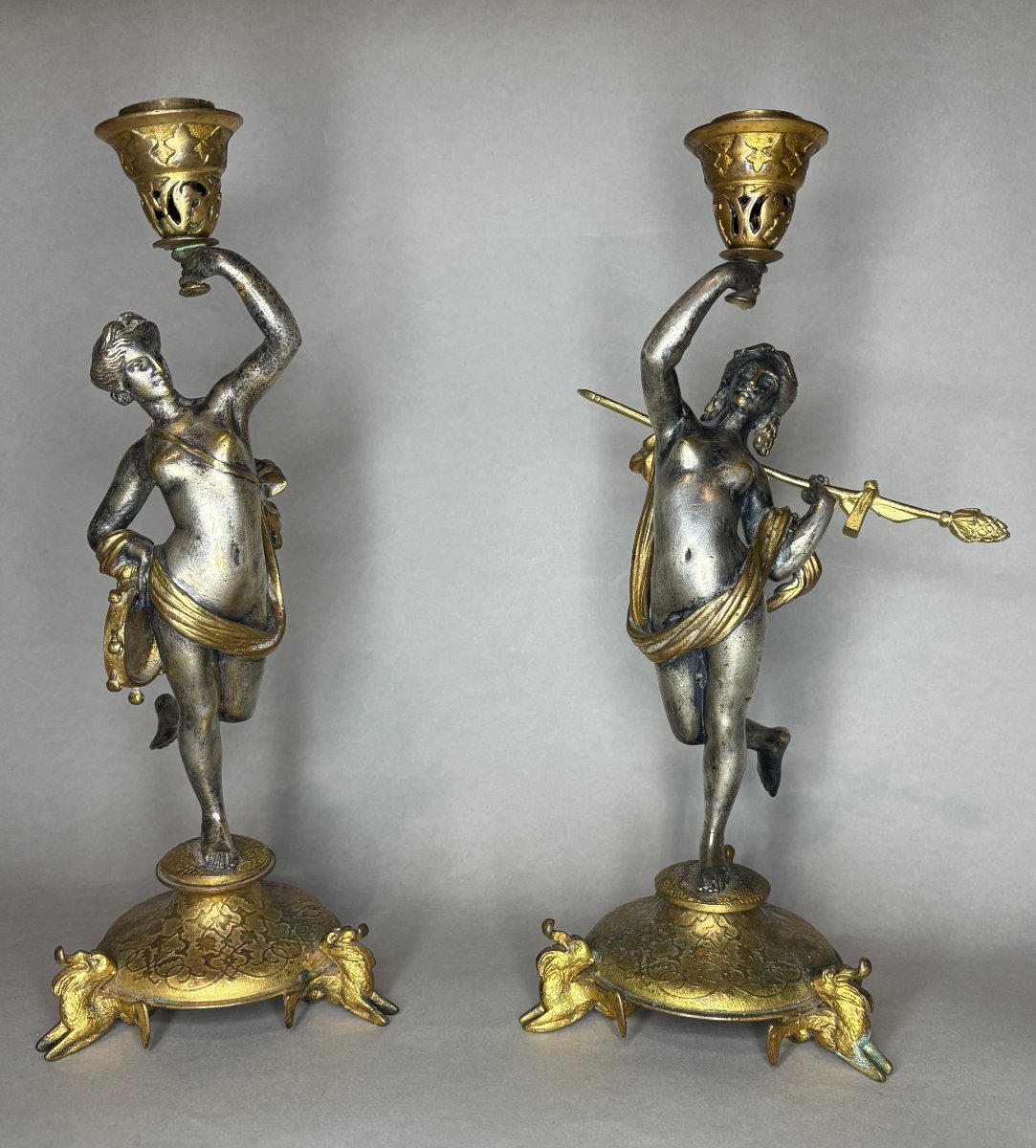 Alfres Daubrée (1817-1885) Coppia di Candelieri Bronzo Argentato e Dorato 
