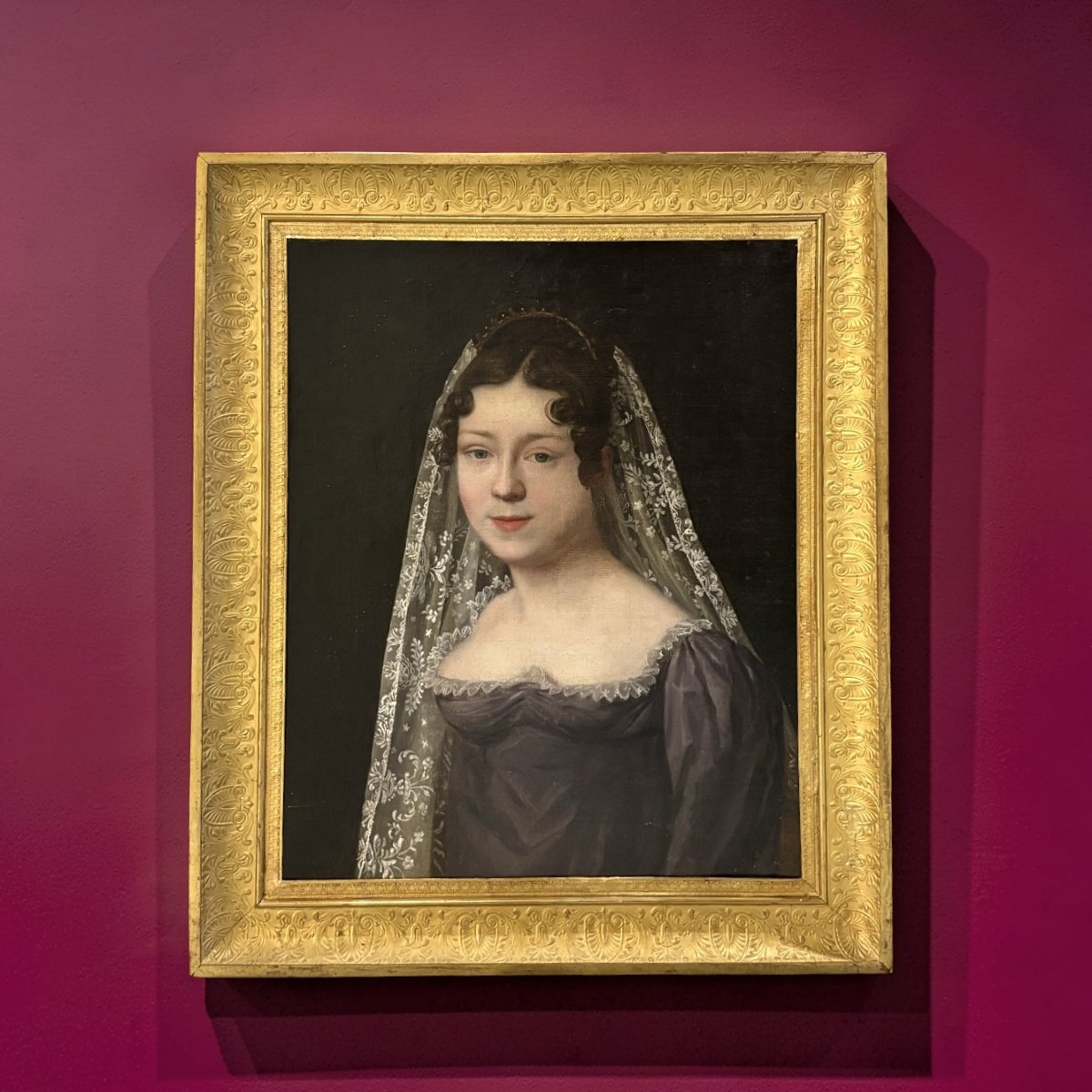 Grande Ritratto di Donna Velata Pittura Neoclassica di epoca Impero -photo-2