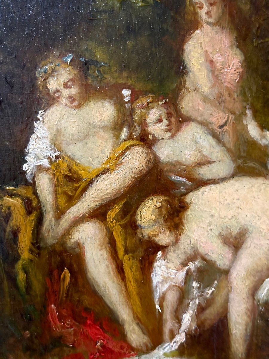 "Le Grazie al Bagno" Dipinto Firmato A. Monticelli Olio su Tavola-photo-3