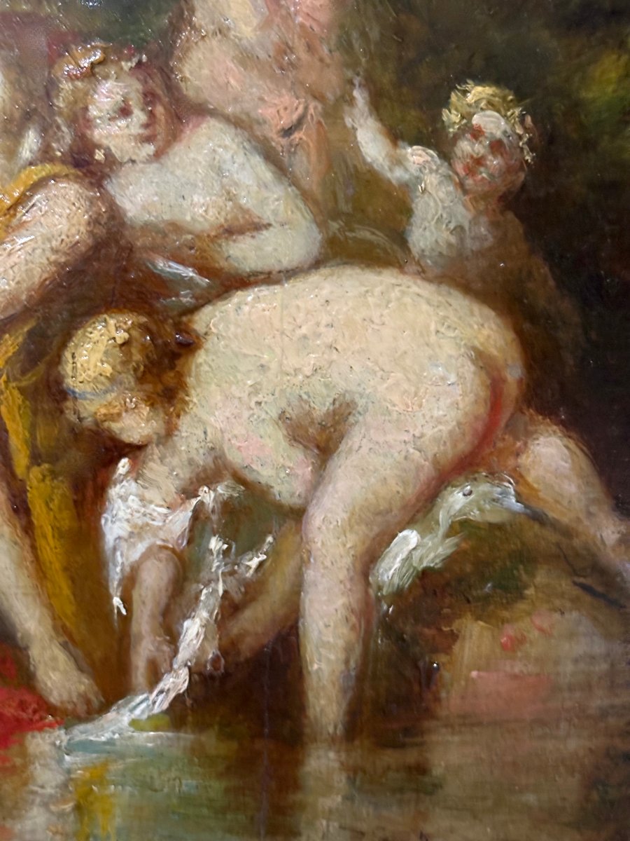 "Le Grazie al Bagno" Dipinto Firmato A. Monticelli Olio su Tavola-photo-1