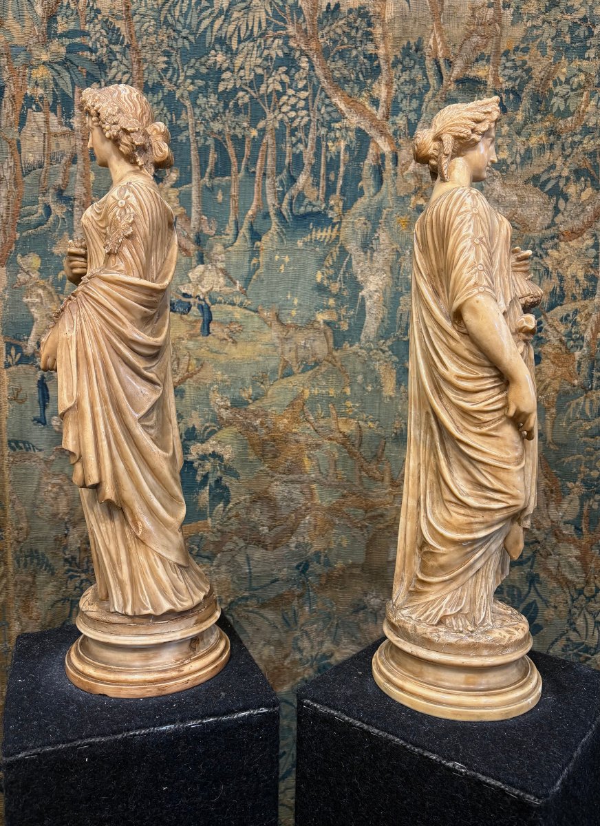 Coppia di Sculture Neoclassiche in Alabastro Giallo Allegorie Roma metà XIX-photo-2