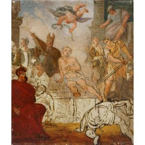 Scuola Veneta XVIII Bozzetto "Martirio di San Lorenzo" Olio su Legno