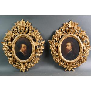 Coppia di Autoritratti di Peter P. Rubens e Anton van Dyck Cornici Dorate XIX secolo