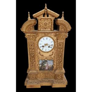 Grande Orologio Luigi Filippo in Legno Dorato e Porcellana tipo Sevres